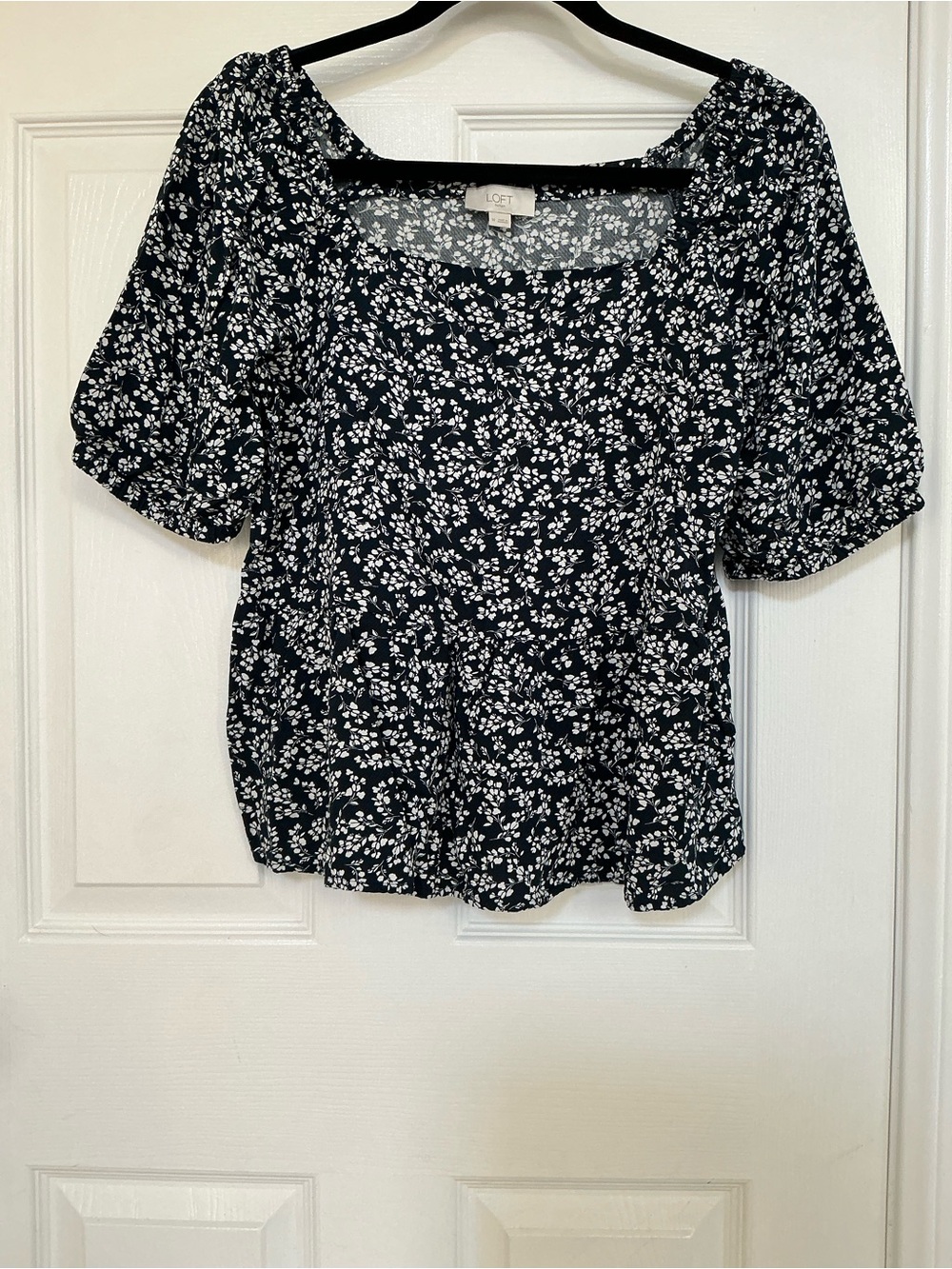 LOFT Black and White Floral Square-Neck Blouse